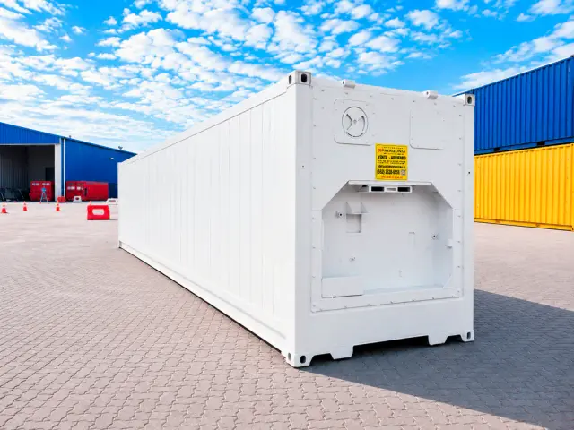 Caja reefer de 40 pies High Cube en tres cuartos desde el testero, con el hueco del equipo a la vista