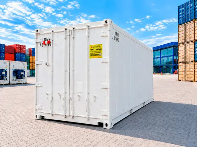 Container refrigerado de 20 pies en el depósito, visto en tres cuartos desde el lado de las puertas