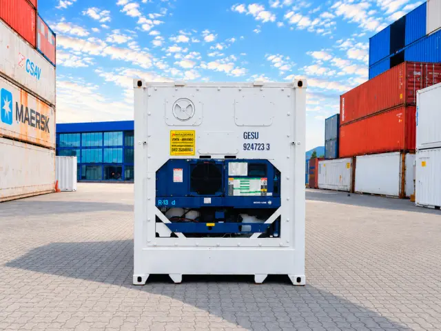 Frente del container refrigerado con el equipo de frío a la vista y su matrícula