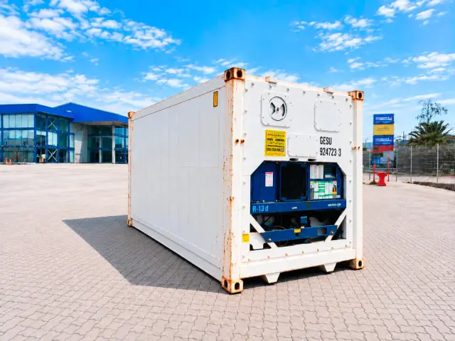 Container refrigerado de 20 pies en tres cuartos desde el lado del equipo de frío